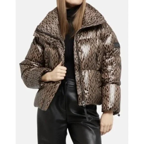 Mackage Mylah Monogram Glossy Puffer Jacket XS Brown Down Coat - Picture 1 of 5